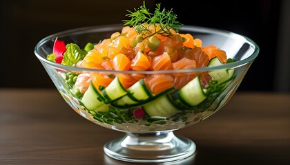 Wall Mural - Fresh salmon tartare served in a glass bowl with cucumber and vibrant microgreens garnishing