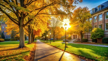 Serene autumn scenery on a college campus with golden morning light , road, tree, fall, landscape, nature, season, sky