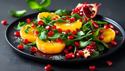 Wall Mural - Vibrant salad featuring orange slices, pomegranate, and fresh herbs elegantly presented on a black plate against a dark backdrop