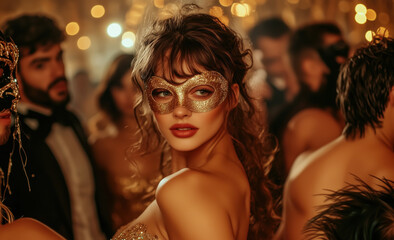 girl wearing elegant masquerade mask with feathers in black gold. women, men having fun night at halloween masquerade ball party. men in black tuxedo suits with black and golden masquerade masks. 