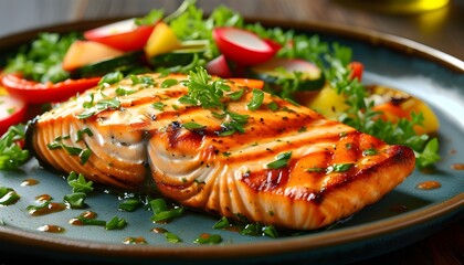 Wall Mural - Chargrilled salmon fillet served with colorful seasonal vegetables