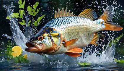 Wall Mural - Dynamic splash of water around a delectable freshwater fish steak