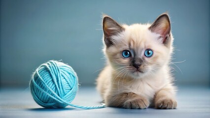 A cute and fluffy Siamese kitten playing with a ball of yarn , Siamese, kitten, cat, pet, animal, fluffy, playful, adorable