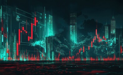 Wall Mural - Cyberpunk Cityscape with Stock Market Data