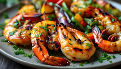 Wall Mural - Savory grilled shrimp with vibrant vegetables on an elegant plate