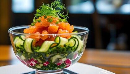 Poster - Fresh salmon tartare served in a glass bowl with cucumber and vibrant microgreens garnishing