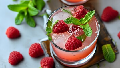 Wall Mural - Refreshing summer cocktail featuring vibrant raspberries and fresh mint