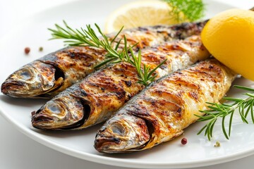 Grilled Sardines with Lemon and Rosemary, a delicious and healthy seafood dish.  The sardines are grilled to perfection, with a crispy skin and juicy flesh.  They are served with a squeeze of lemon an