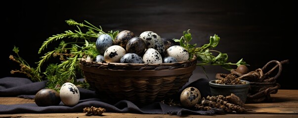 Poster - Quail Eggs in Basket with Rustic Setting