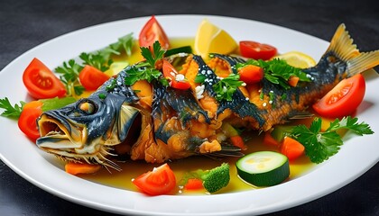 Wall Mural - Crispy Fried Fish Accompanied by Fresh Vegetable Garnish on Elegant White Plate