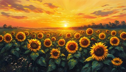 Serene sunflower field bathed in golden sunrise, showcasing natures vibrant beauty in a picturesque landscape