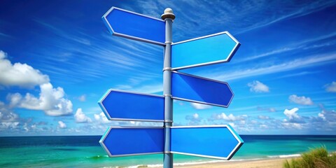 Bright blue signposts showing the direct way to the holiday destination, signposts, holiday, vacation, travel, destination