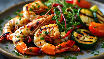 Wall Mural - Savory grilled shrimp with vibrant vegetables on an elegant plate