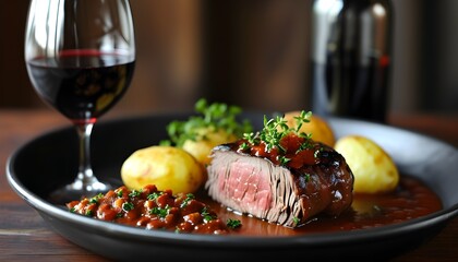 Savory beef tenderloin accompanied by creamy potato gratin with a rich red wine sauce