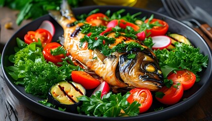 Wall Mural - Flavorful grilled fish served with vibrant fresh vegetables and aromatic herbs