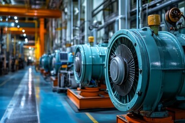 Powerful industrial blower machinery in a modern factory setting, showcasing the essential role of these machines in industrial processes. These blowers provide air for ventilation, cooling, and other