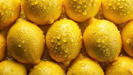 Wall Mural - Overhead shot of lemons with visible water drops close up , lemons, citrus, fresh, fruit, yellow, juicy