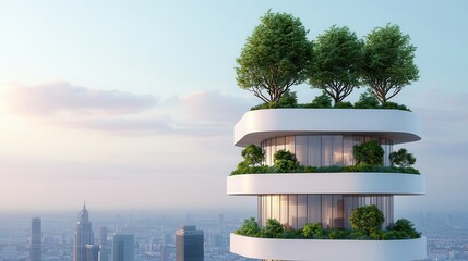 Sticker - Modern Green Building with Cityscape View.