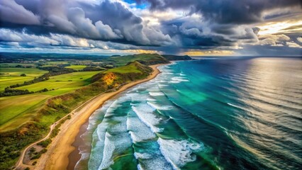 Wall Mural - A stunning aerial view of a coastline on a cloudy summer day, coastline, aerial view, sea, ocean, rocks, waves, clouds