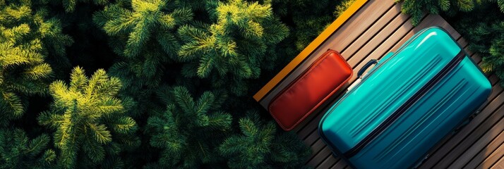 Top-down view of two colorful suitcases on a wooden deck surrounded by lush pine trees, symbolizing travel, adventure, nature, relaxation, and escape.