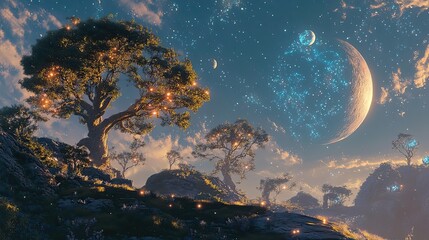 Sticker - A Fantasy Landscape with Glowing Trees and a Crescent Moon in a Starry Night Sky