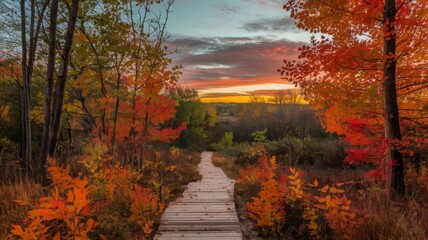 Wooden path at sunset in a panoramic fall landscape with autumn colors