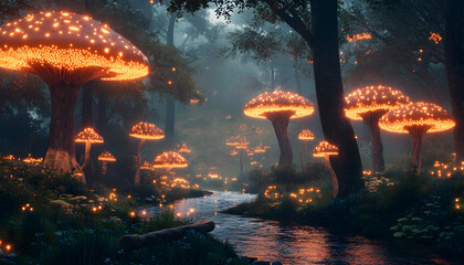 A mystical forest with glowing mushrooms, winding rivers, and floating islands, creating a magical and otherworldly feel