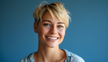 Cheerful portrait of a young woman with short blond hair against a vibrant blue backdrop