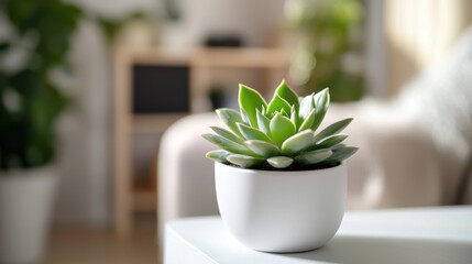 Wall Mural - Succulent Plant in Elegant White Ceramic Pot on Minimalist Wooden Shelf