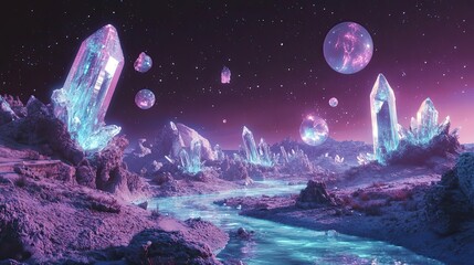 Wall Mural - Crystallized Landscape Under a Night Sky with Glowing Planets