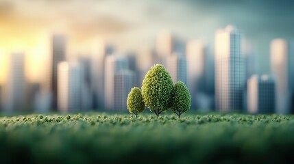 Poster - Small Trees Growing In Front Of Cityscape.