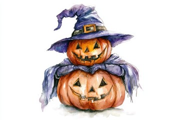 Watercolor illustration of two jack-o'-lantern pumpkins wearing a witch hat, perfect for Halloween decorations, greeting cards, or spooky designs.