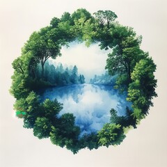 Canvas Print - Circular Forest Landscape with River Reflection.