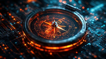 Wall Mural - futuristic compass on a glowing circuit board