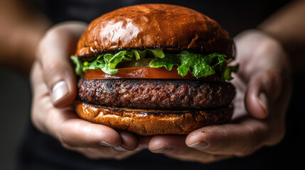 Hands holding lab grown burger patty, showcasing delicious and sustainable alternative to traditional meat. vibrant colors of lettuce and tomato enhance its appeal