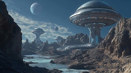 Sticker - Futuristic Alien Cityscape with Spaceships and a River on a Rocky Planet