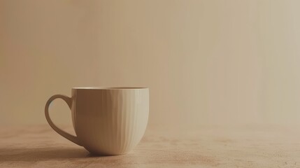 Wall Mural - A White Ceramic Mug with a Heart-Shaped Handle on a Beige Surface