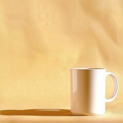 Poster - White Mug on Wooden Surface with Cream Background