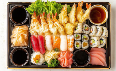 Assorted sushi and tempura served on a black platter with soy sauce and wasabi.
