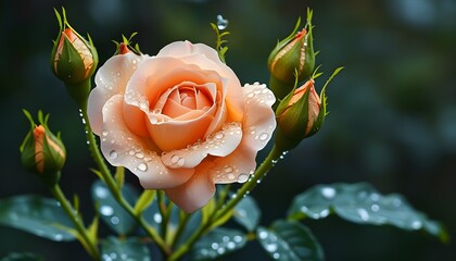 Wall Mural - Delicate peach rose adorned with glistening water droplets and shimmering golden leaves in a stunning close-up view