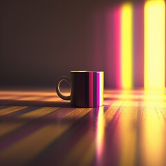 Poster - A Black Mug Illuminated by Neon Lights on a Wooden Surface