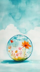 Sticker - Watercolor painting of flowers in a sphere.