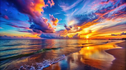 Vibrant sunset on the beach with colorful sky and calm waters, sunset, beach, vibrant, colorful, sky, calm, waters, tranquil