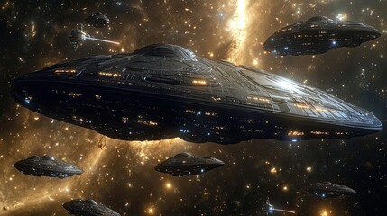 Wall Mural - a fleet of futuristic spaceships navigating through a starry galaxy