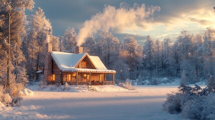 Sticker - Cozy Winter Cabin Amidst Snowy Landscape at Dusk