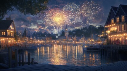 Magical Fireworks Display Over Picturesque Waterfront Village