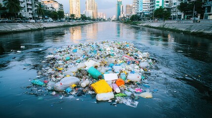 Canvas Print - Plastic Pollution in a City Canal.