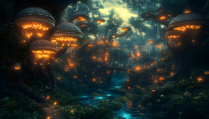 A mystical forest with glowing mushrooms, winding rivers, and floating islands, creating a magical and otherworldly feel