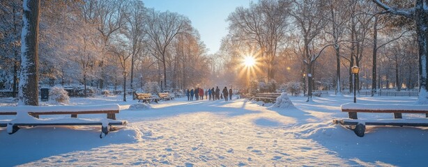 Sticker - Scenic Winter Park at Sunrise with Snow-Covered Ground