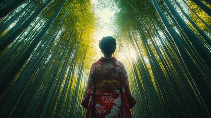 Wall Mural - Woman in Traditional Kimono Standing in a Bamboo Forest